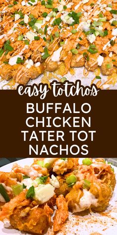 buffalo chicken tater tot nachos with text overlay