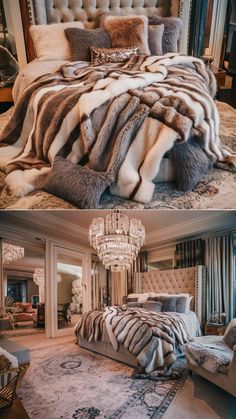 two pictures of the same bed with fur on it, and one has a chandelier