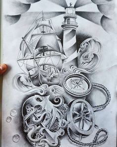 a drawing of an octopus with a ship in the background and some other items around it