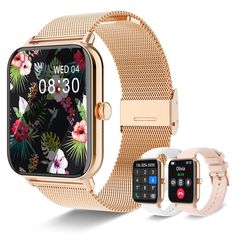 an apple watch with a flower pattern on the screen and a rose gold bracelet strap