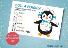 a penguin with polka dots on its head is next to a roll a penguin game