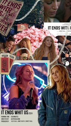 collage of photos with the words it ends whit us and images of women singing