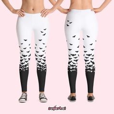 creepy cute white leggings with black bats, click to see more colors Halloween Stretch Emo Bottoms, Halloween Emo Fitted Pants, Fitted Emo Halloween Pants, Fitted Emo Pants For Halloween, Black Stretch Emo Leggings, Stretch Alternative Style Halloween Leggings, Alternative Stretch Leggings For Halloween, White Fitted Bottoms For Alternative Fashion, White Gothic Fitted Bottoms