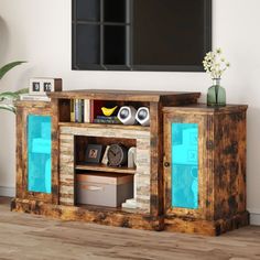 an entertainment center in the corner of a room