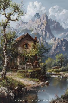 a painting of a house in the mountains