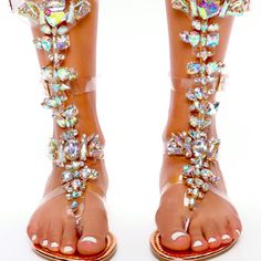 Brand New Embellished Flat Sandal Rhinestones Open Toe Festival Sandals, Festival Rhinestone Open Toe Sandals, Open Toe Rhinestone Festival Sandals, Glamorous Embellished Flat Sandals, Elegant Embellished Festival Sandals, Elegant Embellished Sandals For Festivals, Stone Embellished Round Toe Sandals For Summer, Spring Embellished Sandals With Single Toe Strap, Embellished Flat Sandals For Party