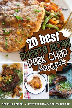 the cover of 20 best puerto rican pork chop recipes, with pictures of different meats and vegetables