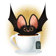 a bat is sitting in a cup of coffee