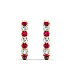 Introducing our exquisite ruby and diamond hoop earrings. These stunning earrings are the perfect blend of elegance and sophistication, making them a timeless addition to any jewelry collection. The vibrant red rubies and sparkling diamonds are meticulously set in a hoop design, creating a captivating and eye-catching piece. Metal: 14K Gold Setting Type: Prong Rhodium Finish: Yes, on White Gold Gemstone Details: Gemstone: Ruby Shape: Round Average Dimensions: 2.50 MM Quantity: 08 Average Cut: Ve Ruby Diamond Earrings With Prong Setting For Anniversary, Ruby Earrings With Prong Setting For Anniversary, Red Round Hoop Earrings Fine Jewelry, Elegant Ruby Hoop Earrings For Anniversary, Red Diamond Earrings For Anniversary, Red Diamond Earrings With Prong Setting, Dance Jewelry, Hoop Design, Birthstone Gifts