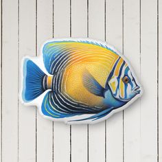 a blue and yellow fish sticker sitting on top of a white wooden floor next to a wall