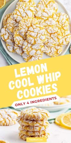 lemon cool whip cookies on a plate with the title overlay that reads, only 4 ingredients