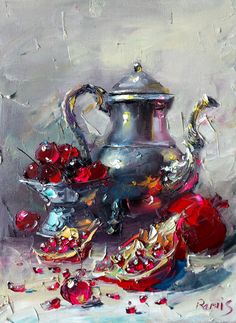 a painting of a silver tea pot and some cherries