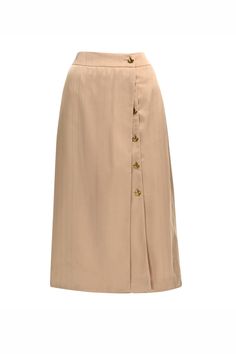 Selene Straight Button Satin Midi Skirt MEAN BLVD Mean Blvd, Button Skirt, Satin Midi Skirt, L And Light, Mass Production, Gold Light, Satin Material, Leaf Shapes, Visual Effects