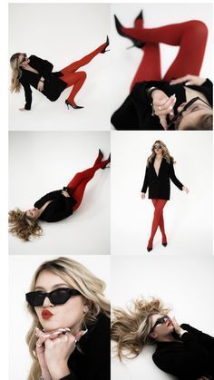 the woman is posing in all black and red