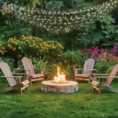 an outdoor fire pit surrounded by lawn chairs and string lights in the middle of a garden