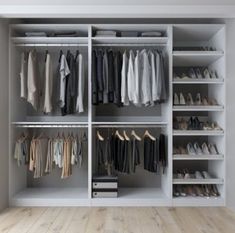 This closet system allows you to maximize your storage space. This multi-piece kit includes open adjustable shelving, shoe racks, and poles for hanging clothes, so you can give everything its spot. Each module is independent and can be used both by itself or as a group, as suggested in the image. Finish: White | Closet & CO 96" Closet System Manufactured Wood in White | 84 H x 96 W x 21 D in | Wayfair | Organization Ideas Armario, White Closet, Reach In Closet, Closet Renovation, California Closets, Closet Layout, Small Closets, Closet Remodel