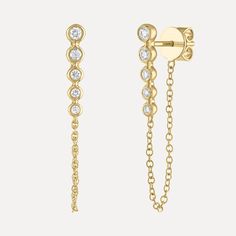 Details: The Graduated Diamond Bezel Chain Earring in 14K gold creates an elegant statement perfect for dressing up or down Shop the look: Micro Diamond Stud Diamond: 0.09ct Post back Sold as a single earring Available in 14k yellow, white, and rose gold Made-to-order: Please allow 2-4 weeks for production For information about additional lengths, please contact us via email at info@kellybellodesign.com Yellow Gold Earrings For Anniversary, Yellow Gold Linear Earrings For Formal Occasions, Formal Yellow Gold Linear Earrings With Adjustable Chain, Yellow Gold Earrings With Adjustable Chain For Anniversary, Diamond Earrings With Adjustable Chain, Diamond Earrings Fine Jewelry, Fine Diamond Earrings, Gold Dangle Diamond Earrings With Bezel Setting, Pearl Letters