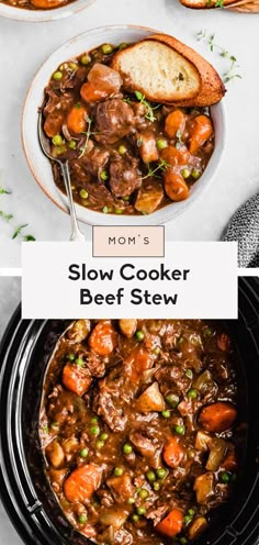 the slow cooker beef stew is ready to be eaten and served with toasted bread