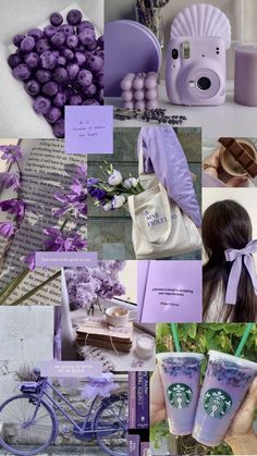 the collage is filled with different pictures and things that are in purples, lavenders, and coffee