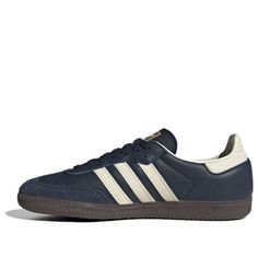 The adidas Samba OG Night Navy Gum is a timeless classic, originally designed for soccer training but now a lifestyle icon. This navy blue leather upper with suede overlays and gum rubber sole delivers both style and durability.  The iconic three stripes, gold foil tongue patch, and T-toe design add vintage charm. Navy Adidas Shoes, Dark Blue Sambas, Adidas Sambas Aesthetic, Navy Blue Sambas, Navy Samba, Navy Sambas, Samba Shoes, Adidas Navy, Clothes Wishlist