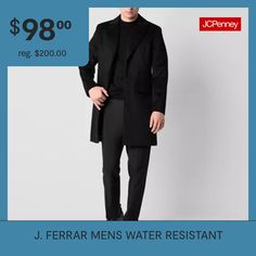 Stay stylish with the J. Ferrar men's midweight topcoat. This versatile coat features a sleek silhouette, multiple pockets, and a comfortable fit. Perfect for transitional weather, it effortlessly elevates any outfit while keeping you dry.Features: Water ResistantClosure Type: ButtonPockets: 1 Chest Slip Pocket, 2 Front Flap PocketsSleeve Length: Long SleeveWarmth Factor: MidweightApparel Length: 36.5 InchesOuterwear Length: LongFiber Content: 65% Wool, 31% Polyester, 4% Other 5% Or LessFabric … Waterproof Long Coat For Workwear, Waterproof Long Coat For Work, Topcoat Men, Sweater And Jeans, Coat Black, Top Coat, Black Coat, Flap Pocket, Wool Blend