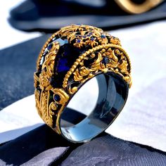 Warrior Ring, Big Ring, Blue Stones, Swarovski Stones, Big Rings, Coat Of Arms, Blue Stone, Statement Rings, Gold Plate