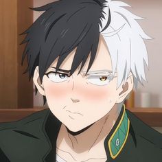 an anime character with white hair and glasses looking at the camera while wearing a green shirt