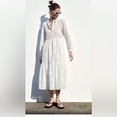 Nwt_zara Woman Ss23 Openwork Embroidery Midi Dress White | New With Tag ! Spring Midi Dress With Broderie Anglaise For Casual Wear, Chic Lace Embroidered Dress For Spring, Spring Lace Crochet Dress For Daywear, Spring Broderie Anglaise Dress For Casual Wear, Spring Broderie Anglaise Dress For Casual Occasions, Zara Floral Embroidery Maxi Dress For Spring, Spring Embroidered Midi Dress With Lace Trim, Casual Lace Midi Dress, White Casual Lace Dress For Spring