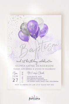 a purple and silver birthday party card with balloons on the front, in watercolor