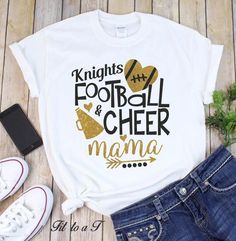 a t - shirt that says knights football and cheer mama with gold glitters on it