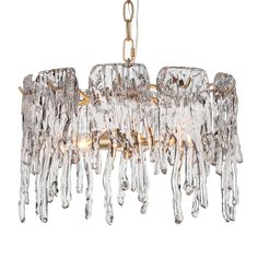 a chandelier that is hanging from a chain with clear glass drops on it