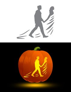 the silhouettes of two people walking in front of a pumpkin