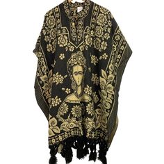 Mexican Frieda Cape Poncho One Size Features: Black And Tan Art Picture Of Frida Kahlo Open Arms - No Sleeves Large Lightweight Tassles At Hem Length From Rear Center Down With Tassle Is 43" Poncho Made In Mexico Washable Midweight Piece Can Be Layered Up Nicely Wear Year Round Cute Artsy Piece, Great Cover, Scarf Topper, Cardigan Size: Womens Os Condition: New Without Tags Ship Most Items Daily. Longtime Trusted 5 Star Seller! Black Beach Poncho Shawl, Traditional Black One-size Poncho, Black Shawl Poncho For The Beach, Black Shawl Poncho For Beach, Black Oversized Bohemian Cape, One Size Black Cape For Festival, Purple Blue Ombre, Southwest Blankets, Hand Knit Poncho