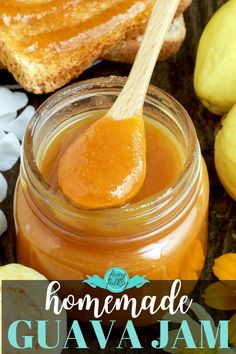 homemade guava jam in a glass jar with a wooden spoon