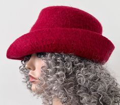 Red Felted Hat with Deep Curved Brim, Felted Cloche Handmade Winter Formal Hat Winter Wool Cloche Hat With Flat Brim, Retro Wide Brim Cloche Hat For Winter, Brimmed Fur Felt Cloche Hat For Winter, Fur Felt Cloche Hat With Flat Brim For Winter, Winter Brimmed Fur Felt Cloche Hat, Winter Fur Felt Brimmed Cloche Hat, Winter Brimmed Cloche Hat In Fur Felt, Winter Fur Felt Cloche Hat With Flat Brim, Winter Cloche Hat With Flat Brim