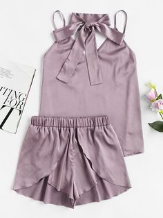 Shorts Pajama Set, Purple L, Cute Sleepwear, Pajama Outfits, Wrap Shorts, Women's Nightgowns, Cute Pajamas, Satin Pyjama Set, Pretty Lingerie