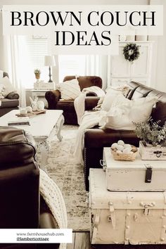 Brown Couch Ideas Leather Couch Living Room Modern, Dark Farmhouse Decor, Living Room Design Brown, Brown Leather Sofa Decor, Dark Leather Couches