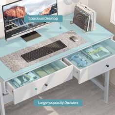 a computer desk with drawers underneath the keyboard and mouse, which is labeled spaceous desktop