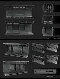 several different views of the inside of an open refrigerator and freezer, all in black