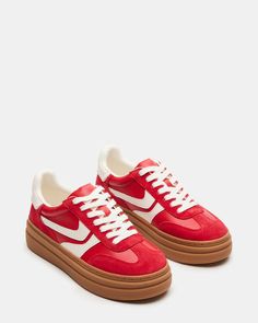 DODGE Red Multi Low-Top Platform Sneaker | Women's Sneakers – Steve Madden Red Sneakers Outfit, Red Tennis Shoes, Steve Madden Platform Sneakers, Red Platform, Tennis Shoes Outfit, Steve Madden Sneakers, Fall Mood, Fab Shoes, Taylor Swift Outfits