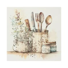 a painting of utensils and spoons in mason jars with flowers on the side