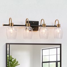 a bathroom vanity with three lights and a mirror on the wall next to a potted plant