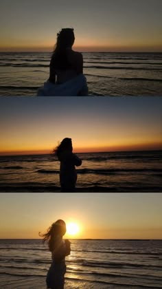 the silhouettes of two people in front of an ocean at sunset