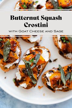 butternut squash crostini with goat cheese and sage on a white platter