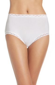 Flat lace trim coupled with soft, stretchy pima cotton microfiber provides a comfortable, no-show fit in these full-coverage panties. Cotton-lined gusset 94% pima cotton, 6% Lycra® elastane Hand wash, line dry Imported Seamless Lace Bottoms For Daywear, Full Coverage Bottoms With Lace Trim For Daywear, Pima Cotton, Fit In, Stretch Cotton, Briefs, Lace Trim, Hand Wash, Nordstrom