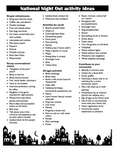 the national night out activity is shown in this black and white poster with words on it