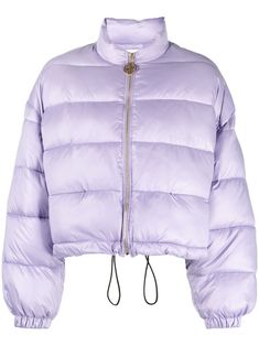 lavender purple logo print to the rear padded design quilted panels high neck long sleeves front zip fastening Purple Logo, Cropped Puffer Jacket, Baggy Clothes, High Fashion Outfits, Purple Jacket, Padded Coat, Lavender Purple, Cool Sweaters, Puffer Coat