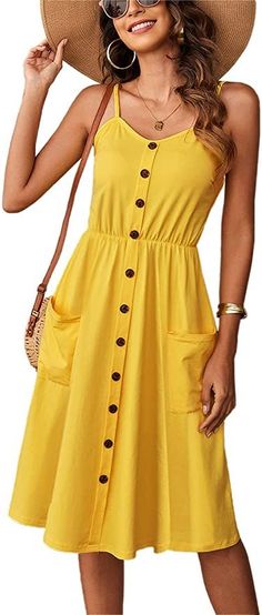 As Amazon's Choice, this is one of my Amazon Dress Must Have! Perfect for Spring and Summer! Over 7,000 reviews and 4 stars! Available in 18 different colors/patterns and sizes small to xx-large! Womens Summer Dresses, Summer Dresses Casual, Sun Dress Casual, Midi Dress With Pockets, Yellow Sundress, Sundresses Women, Feminine Skirt, Form Fitting Dress