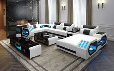 a modern living room with grey and blue furniture