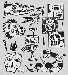 some black and white drawings on a gray background